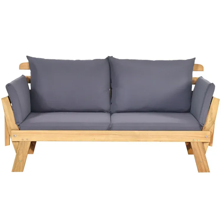Costway Convertible Solid Wood Patio Sofa with Gray Cushions