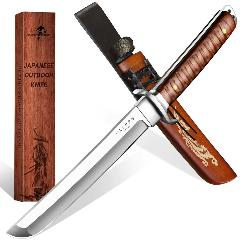 Purple Dragon Japanese Tanto Fixed Blade Knife w/ Engraved Sheath