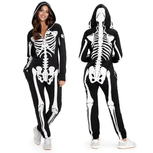 Tipsy Elves Skeleton Halloween Jumpsuit Costume for Women | Front and Back Print, Mesh Eyehole Hood, Hidden Front Zipper, Convenient Pockets, Premium Construction
