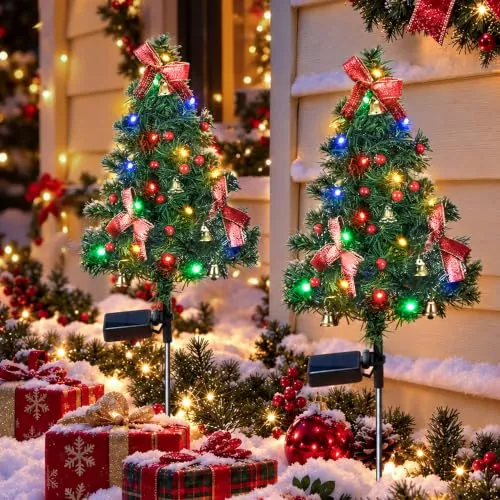 GIGALUMI 2-Pack 18" Solar Lighted Christmas Tree Yard Decor, Multicolored