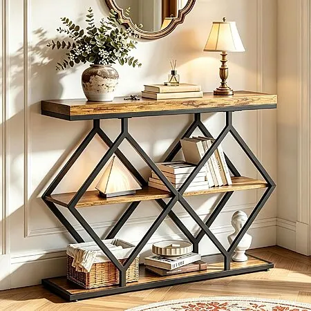39" Garvee 3-Tier Rustic Entryway Console Table w/ Open Shelves & Metal Frame