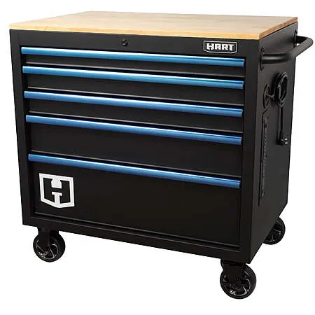 36" Hart 5-Drawer Mobile Tool Chest Workbench W/ Wood Top (37"H x 36"W x 24.5"D)