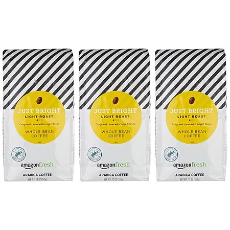 Prime Members Pre-order: 3-Pk 12-Oz Amazon Fresh Whole Bean Coffee (Just Bright)