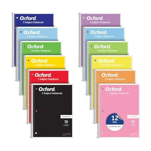 Oxford 12-Pack Spiral Notebooks, 1 Subject, College Ruled, 8" x 10.5", 70 Sheets