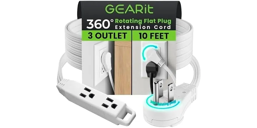 GearIt 10-Foot 360° Rotating Flat Plug Extension Cord