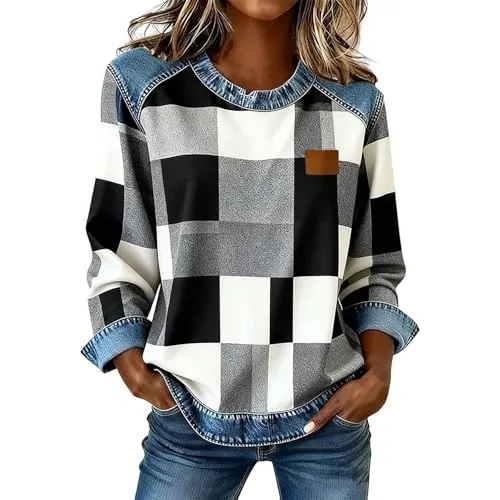 Women Buffalo Plaid Top Denim Splice Casual Blouse Shirt