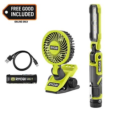 RYOBI USB 550 Lumens Rechargeable Inspection Flashlight Kit w/ Cordless Clamp Fan
