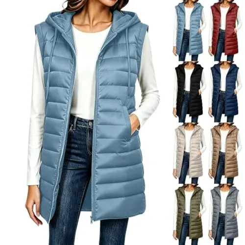 Womens Long Puffer Vest Hooded Zip Up Lightweight Fall Winter Vest