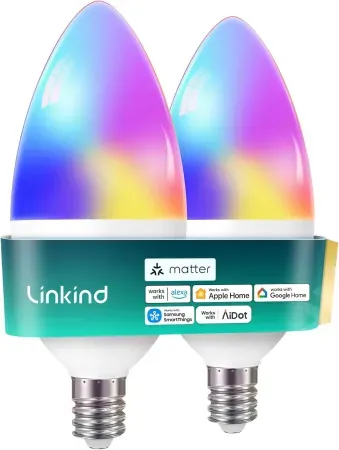 2-Pack Linkind Matter Smart Color-Changing B11 E12 Candelabra LED Light Bulbs