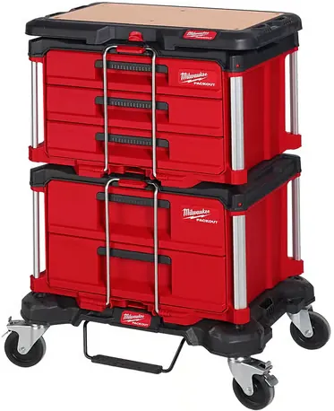 PACKOUT Garage Stack Rolling Dolly, 2 Drawer Tool Box, 3 Drawer Tool Box, and Work Top