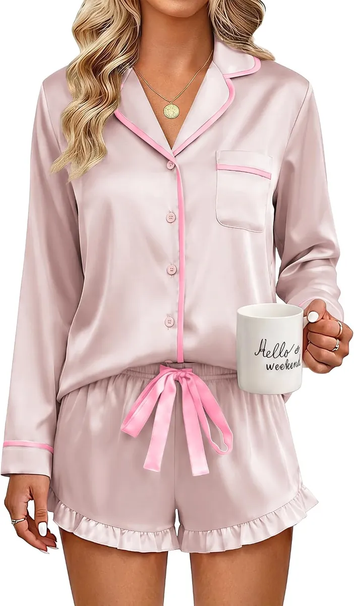 Women’s Ruffle Satin Pajama Shorts Set