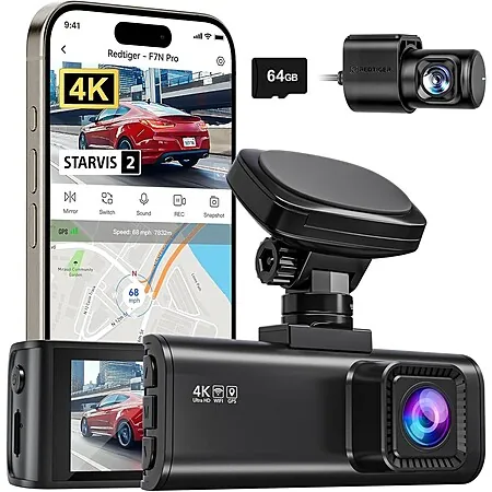 Refurb: REDTIGER F7N Pro 4K Front / 1080P Rear Dash Cam w/ 64GB Memory Card