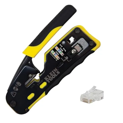 Klein Tools Ratcheting Data Cable Crimper / Cutter + 50-Pk CAT6 RJ45 Data Plugs