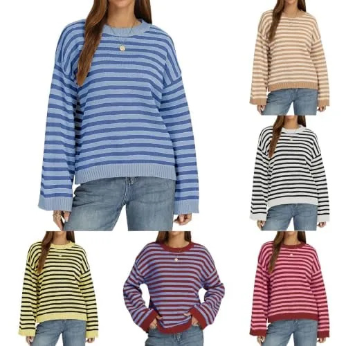 Striped Knit Oversized Pullover Tops