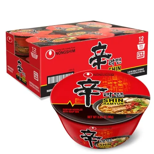 Nongshim Shin Ramyun Bowl Noodles, Spicy Korean Signature Instant Ramyun, Rich Beef Flavored Broth Microwaveable Bowl, 3.03 oz (Pack of 12)