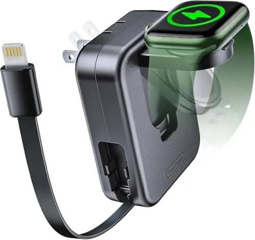 AFLYDOG 2-in-1 Apple Watch & iPhone Wall Charger w/ Built-In Retractable Lightning Cable