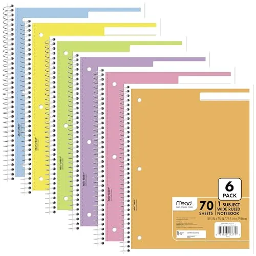 6-Pack Mead 1-Subject Spiral Notebook Wide Ruled 70 Sheets