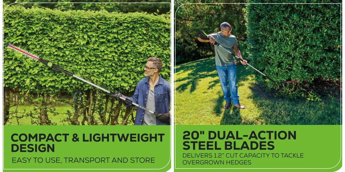 Greenworks 80V 20-inch Cordless Electric Pole Hedge Trimmer with a 2.0Ah battery discounted to
