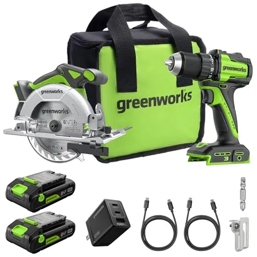 GREENWORKS 24V 1/2" Brushless Cordless Drill (400 In-lbs.) + 6.5" Circular Saw (4,800 RPM) with (2) 2.0Ah Batteries