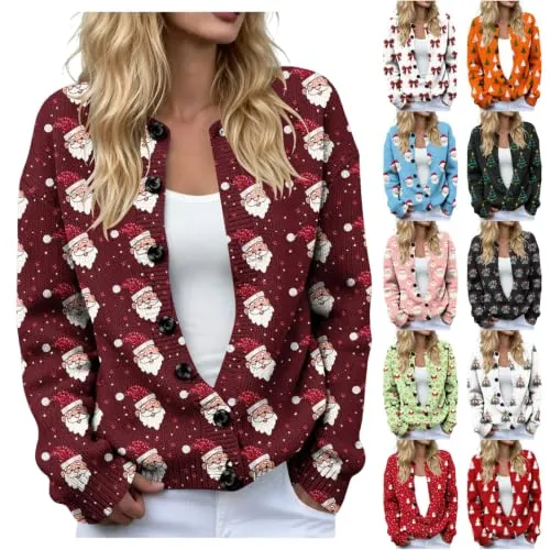 Womens Cardigan Christmas Print Button Front Knit Jacket