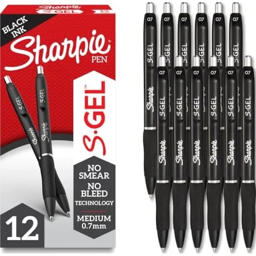 Sharpie S-Gel Gel Pens, Black Barrel, Medium Point (0.7mm), Black Gel Ink, 12 Count