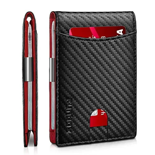 RUNBOX Slim RFID-Blocking Bifold Wallet w/ Money Clip (Holds 11 Cards, Carbon Black/Red)