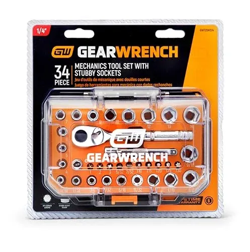 GEARWRENCH 34 Pc 1/4" Dr Stubby Socket Mechanics Hand Tool Set