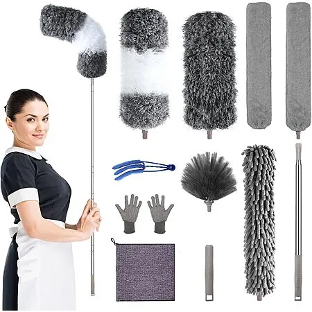 12-Pc AULTONG Microfiber Feather Duster Kit w/ 30"-100" Extension Pole