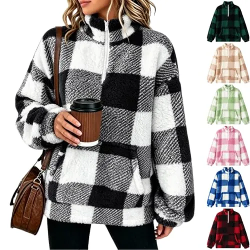 Plaid Half Zip Kangaroo Pocket Pullover