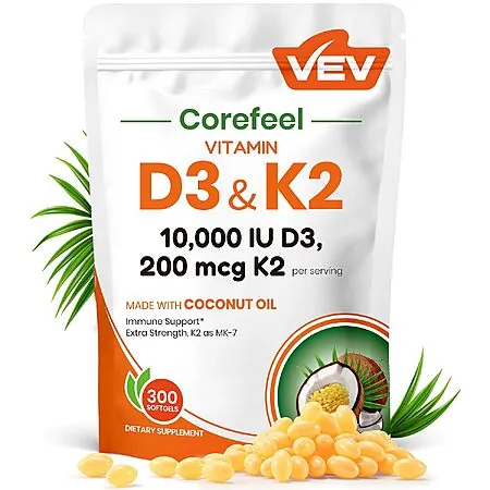 300-ct VEV Vitamin D3 K2 10,000 IU, 200 mcg K2 Coconut Oil Softgels