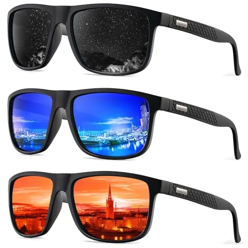 Kaliyadi Men's or Women's UV400 Polarized Rectangle Sunglasses 3-Pack