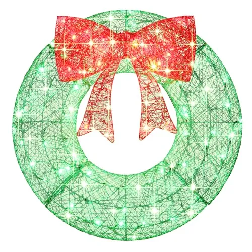 FUNNGO 30-Inch Lighted Outdoor Christmas Wreath with 8 Modes and Timer
