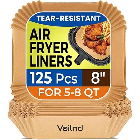 125-Ct 8" Vailnd Disposable Air Fryer Parchment Paper Liners (Square)