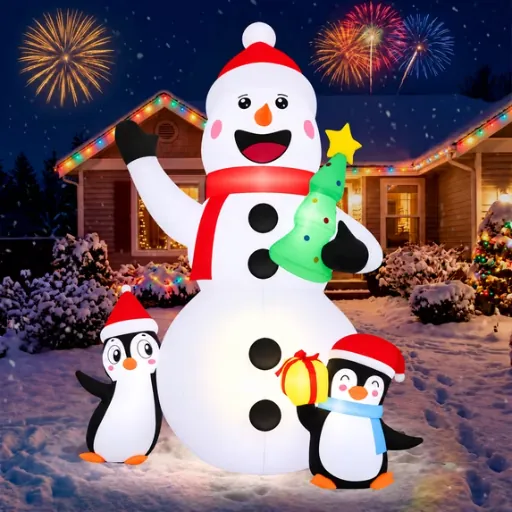 Firstness 6ft Christmas Inflatable Snowman & Penguin Tree Gift Box with LED Lights