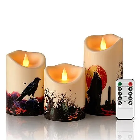 3-Pk Artmarry Halloween Flameless LED Pillar Candles w/ 10-Key Remote