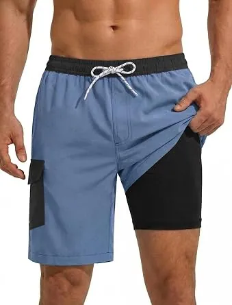 SILKWORLD Men’s 9" Swim Trunks w/ Compression Liner & Zipper Pockets (Various)
