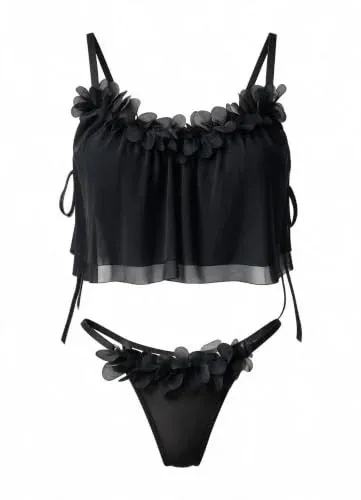 Avidlove Sexy Floral Applique Lingerie 2-Piece Sheer Mesh Cami Thong Set