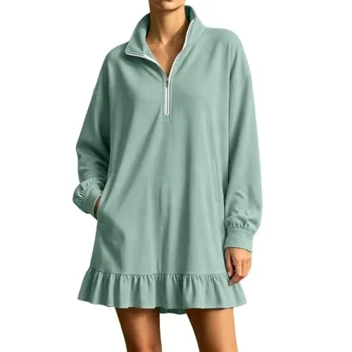Sweatshirt Half Zip Ruffle Long Sleeve Mini Dresses