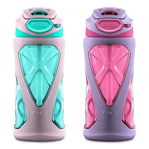 Zulu Torque Kids Water Bottle 2-Pack 16-Oz with Silicone Sleeve & Locking Flip Lid (Pink & Teal)