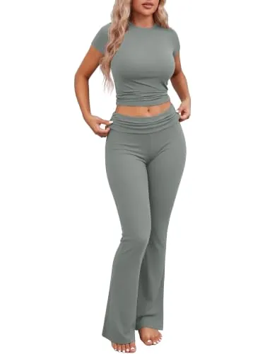 Ekouaer Women 2 Piece Pajama Set Short Sleeve Crop Top Foldover Flare Pant