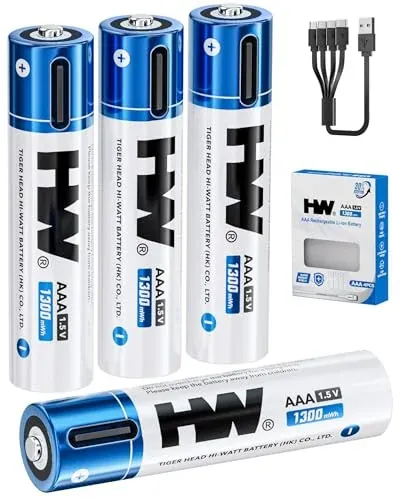4-Pack HW 1.5V 1300mWh AAA USB-C Rechargeable Lithium Batteries