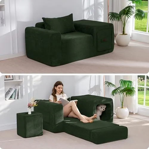 MAXYOYO Convertible Folding Floor Sofa w/ Pull-Out Ottoman