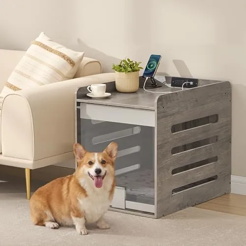 Feandrea Dog Crate Furniture with Flip-Up Hidden Acrylic Door and Charging Station