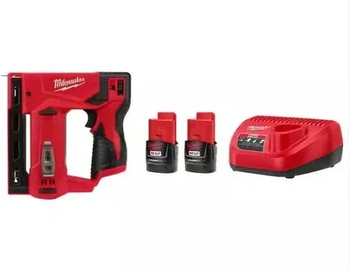 Milwaukee M12 12-Volt Lithium-Ion Cordless 3/8 in. Crown Stapler with M12 Compact 2.0 Ah Battery (2-Pack) Starter Kit and Charger