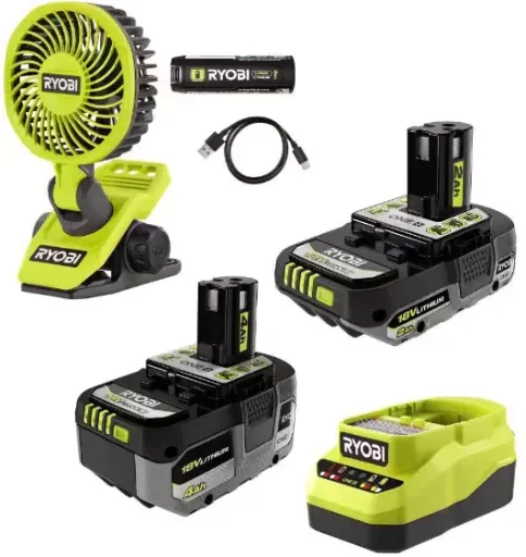 RYOBI ONE+ 18V Lithium Starter Kit with 2Ah and 4Ah Batteries, Charger & USB Clamp Fan