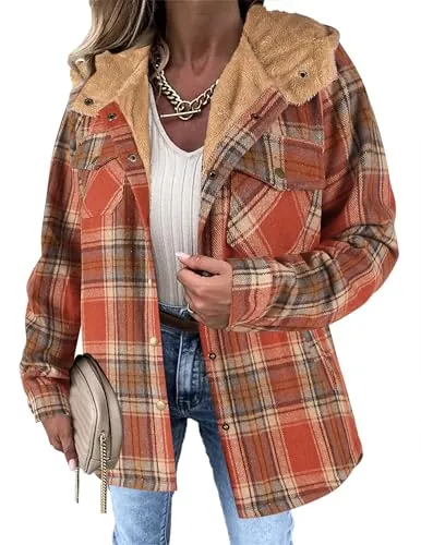 Zeagoo Flannel Plaid Fleece Lined Hooded Shacket