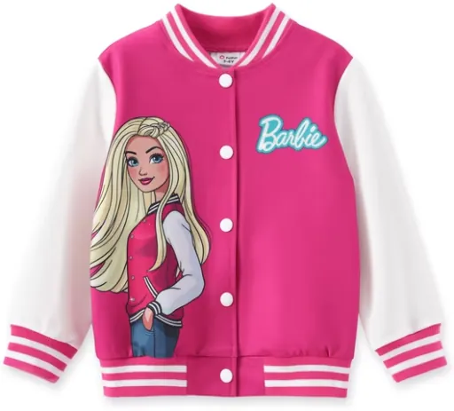 Barbie Girls Bomber Jacket Graphic and Letter Print Colorblock Lightweight Sweatshirt Varsity Jacket Girl Sizes 3-10
