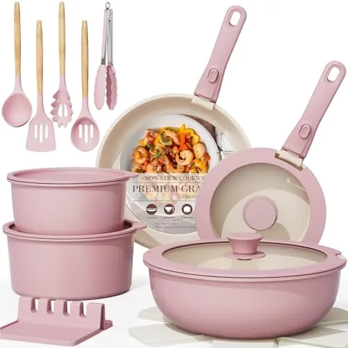Astercook 21 Pcs Pots and Pans Set Non Stick, Ceramic Cookware Set Detachable Handle
