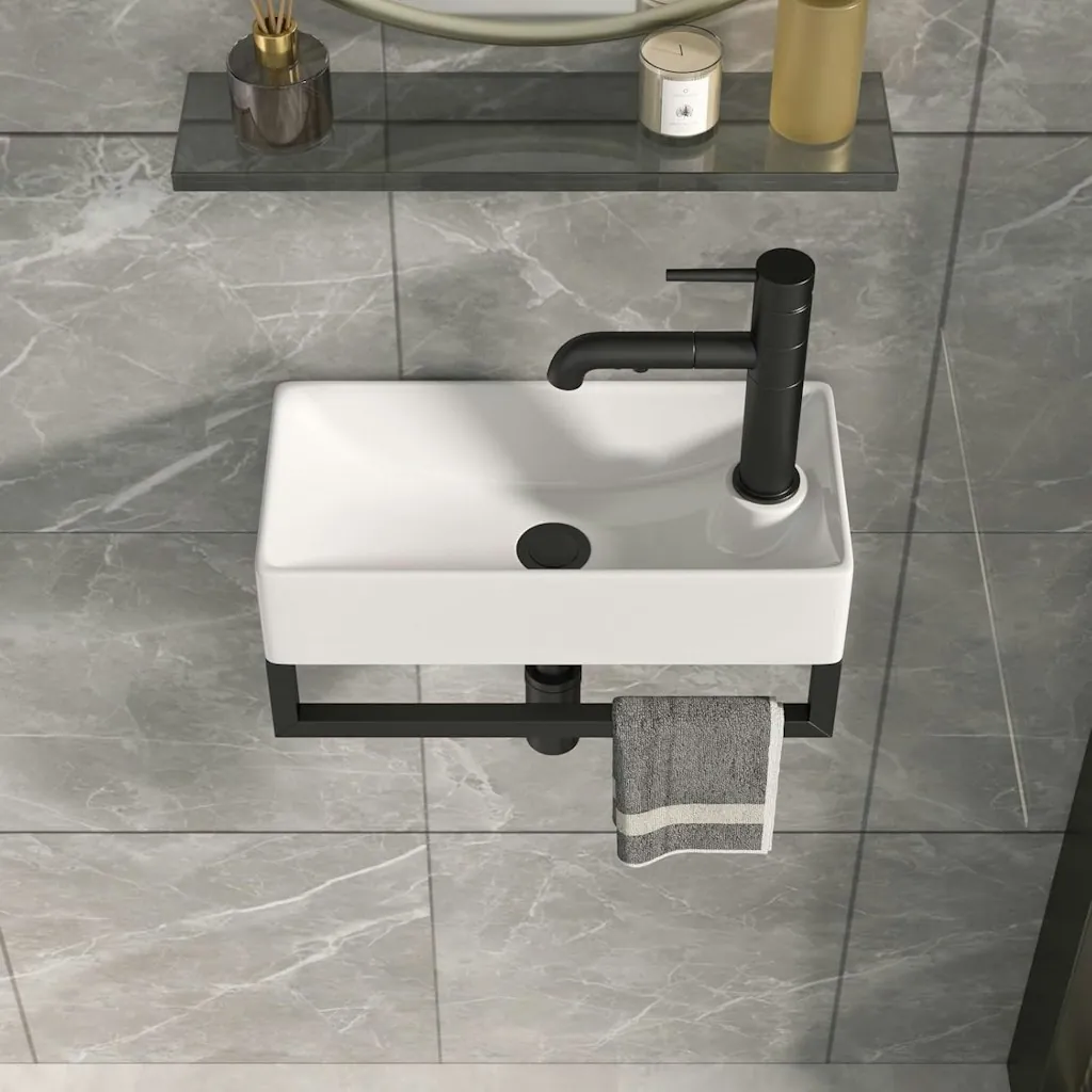 Wall Mount Corner Vessel Sink with Towel Rack