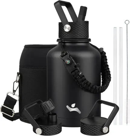 50oz Konokyo Insulated Water Bottle w/ Straw, Bag, Paracord Handle, 3 Lids